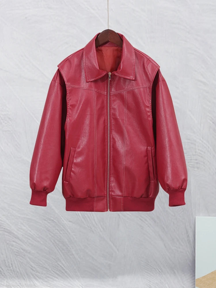 Red Jacket Fashion Lapel Long Sleeve Zippered Leather Coat